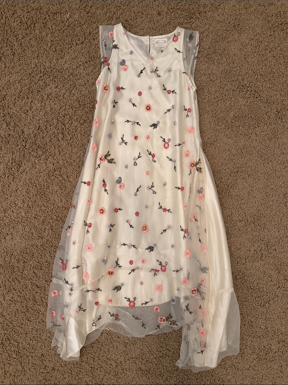 Girls Cream Floral Embroidered Tulle Dress with Pink Accents